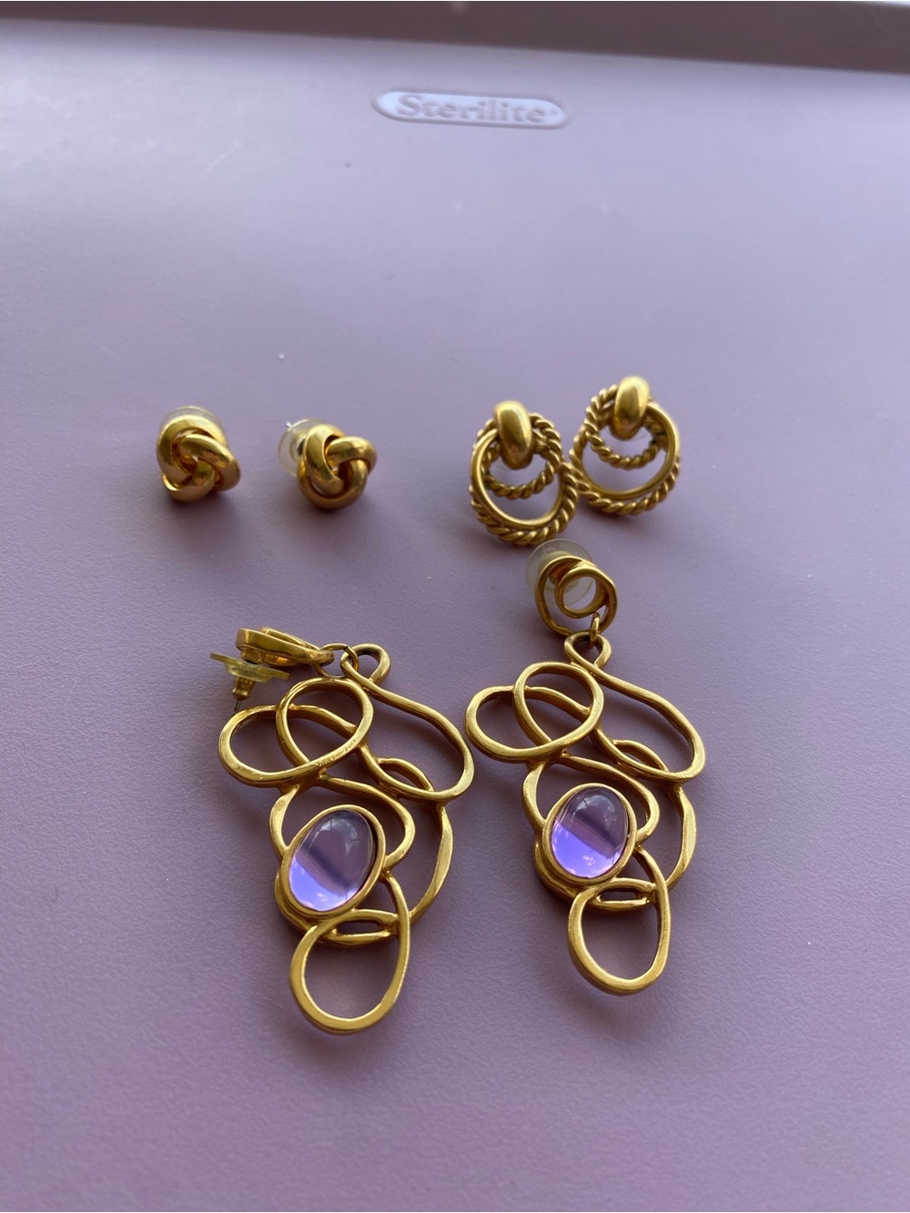 Gold-Tone Loop Drop Earrings with Lavender Cabochon by